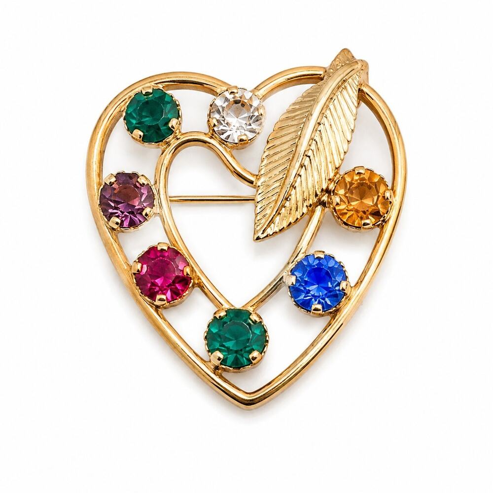 Multi-Color Rhinestone Heart Leaf Mothers Birthstone Pin